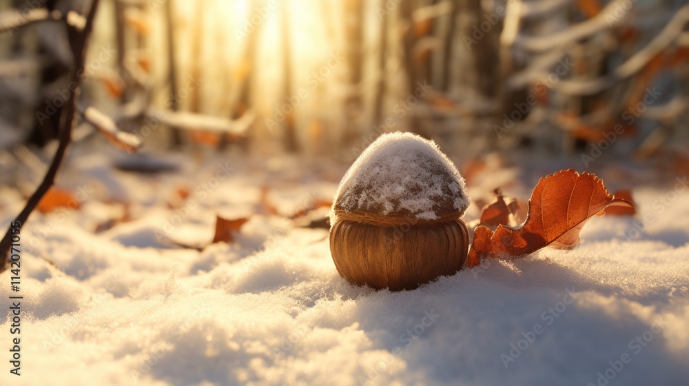 Fototapeta premium Snow covered acorn in winter forest