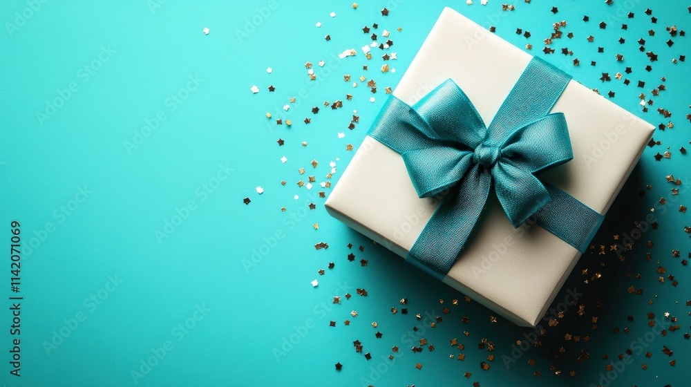 Elegant Gift Box With Teal Ribbon And Gold Confetti Elegant Gift Box With Teal Ribbon And Gold Confetti