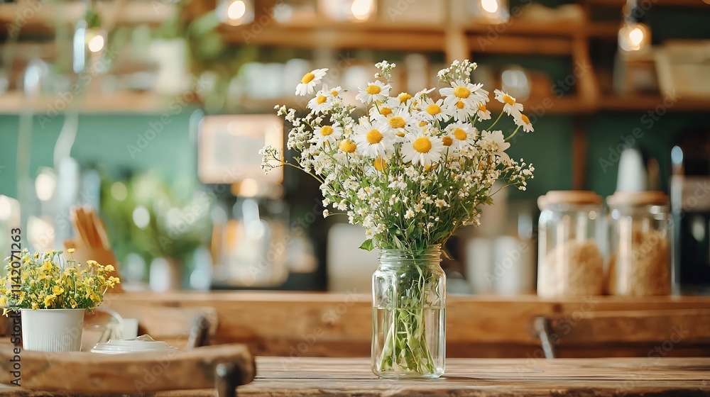 Visually Balanced Rustic Dining Table Scene Showcasing a Tall Glass Vase Filled with Vibrant Mixed Wildflowers under Soft Natural Lighting Visually Balanced Rustic Dining Table Scene Showcasing a Tall Glass Vase Filled with Vibrant Mixed Wildflowers under Soft Natural Lighting