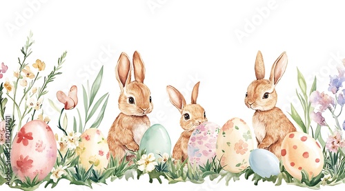 Watercolor Easter bunnies, flowers, and Easter eggs, easter background