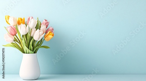 Wallpaper Mural Elegant and Minimal Arrangement of Pastel Colored Tulips in a White Porcelain Vase Sitting on a Scandinavian Style Wooden Dining Table with a Clean and Airy Atmosphere Torontodigital.ca