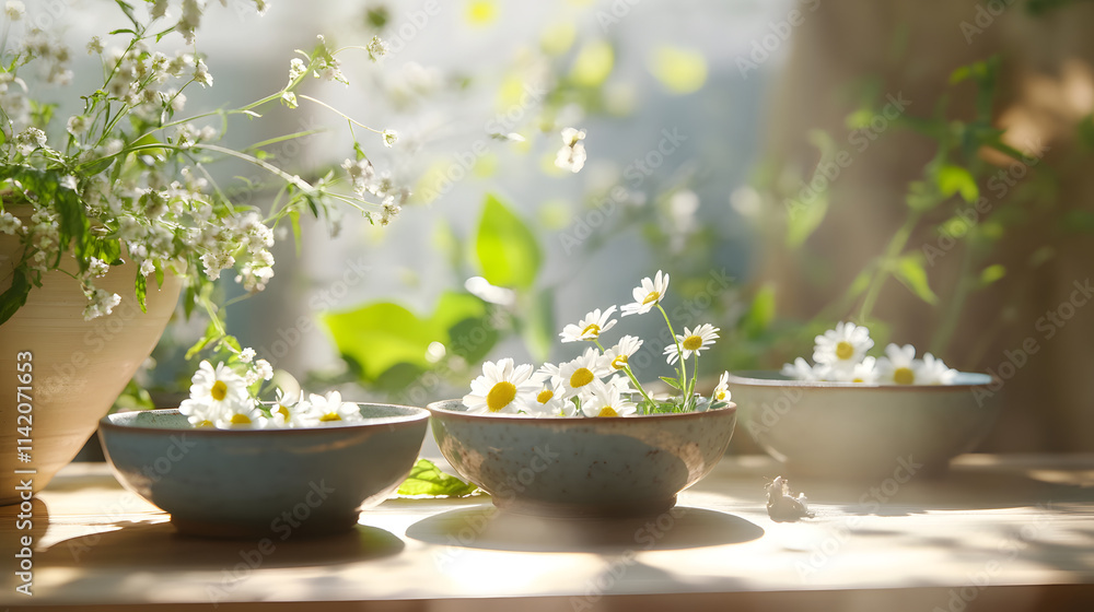 A Tranquil and Serene Tea Ceremony with Dried Chamomile and Mint Leaves in Exquisite Ceramic Bowls A Tranquil and Serene Tea Ceremony with Dried Chamomile and Mint Leaves in Exquisite Ceramic Bowls