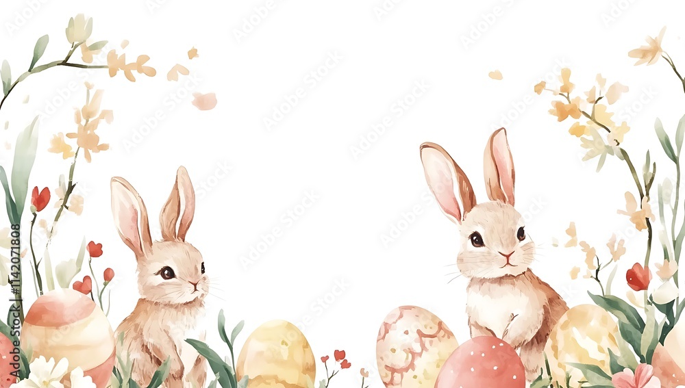Obraz premium Watercolor Easter bunnies, flowers, and Easter eggs, easter background