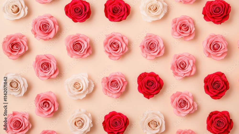 Pink Red Roses Pattern on Beige Background Pink Red Roses Pattern on Beige Background