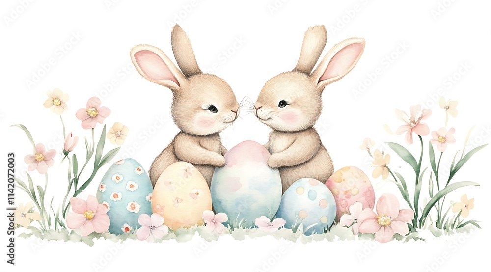 Obraz premium Watercolor Easter bunnies, flowers, and Easter eggs, easter background