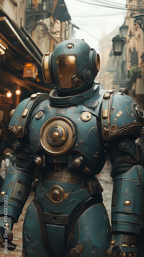 Futuristic Robot in a Historic Town Street Setting Photo Futuristic Robot in a Historic Town Street Setting Photo
