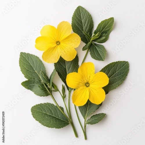 Yellow Primrose Flowers and Leaves on White Background