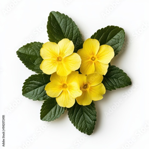 Yellow Primrose Flowers and Leaves on White Background