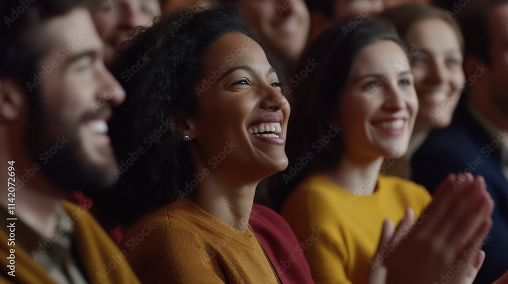 A joyful audience enjoying a performance, showcasing smiles and laughter in a vibrant atmosphere. celebration, joy, expectation, celebration, inauguration, festival, DEIB, DEI