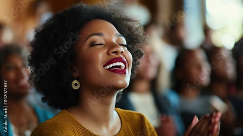 A joyful woman with curly hair smiles and applauds, surrounded by a diverse audience in an engaging event. celebration, joy, expectation, celebration, inauguration, festival, DEIB, DEI