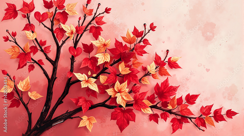 Autumn leaves branch illustration, warm mood, vibrant reds and yellows on soft background, copy space Autumn leaves branch illustration, warm mood, vibrant reds and yellows on soft background, copy space