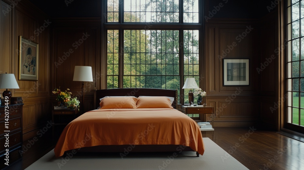 Obraz premium Elegant bedroom showcases dark wood paneling, a solid oak bed, and warm lighting, creating a cozy and inviting atmosphere