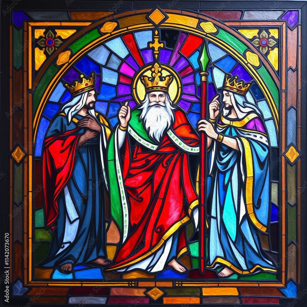 Fototapeta premium Three Kings. Artistic illustration painted with oil paint. Colorful stained glass. Christmas card and cover design