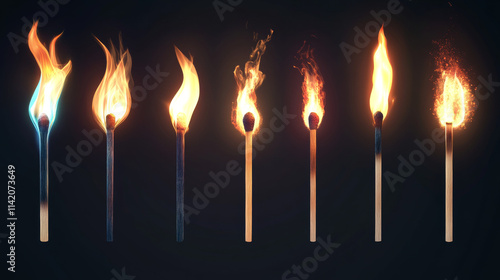 Stages of match burning from fire to burnt wooden stick, matchsticks stand in row, timeline from flame to charred firebrand isolated on transparent background, Realistic 3d vector illustration, set photo