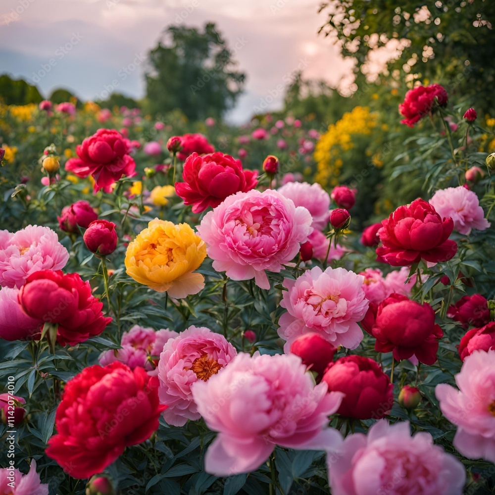 Vibrant Garden of Peonies and Roses with Depth Bokeh and Natural Light  

