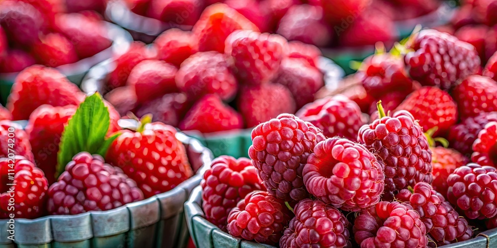 Macro view: plump raspberries burst with freshness in a close-up, healthy delight. Macro view: plump raspberries burst with freshness in a close-up, healthy delight.