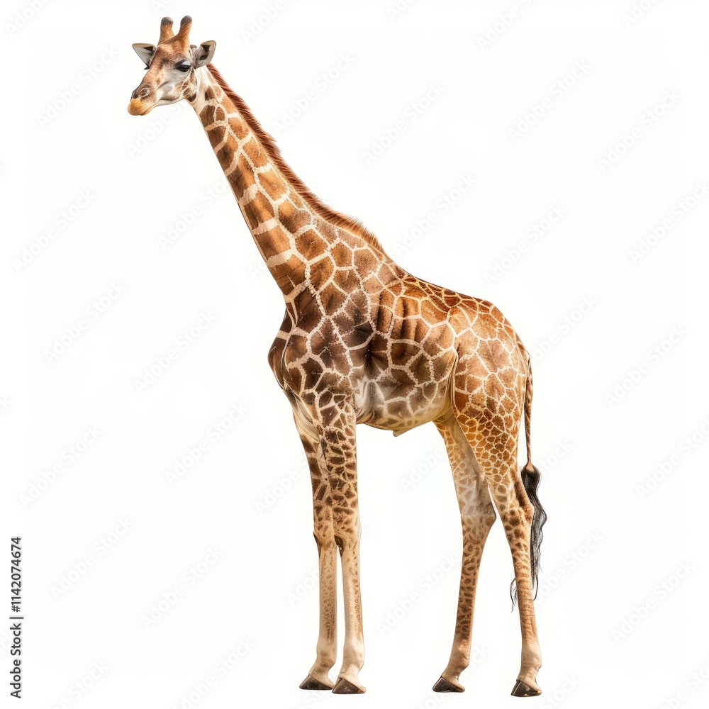 Majestic giraffe standing tall against a white background, showcasing its impressive height and unique pattern Majestic giraffe standing tall against a white background, showcasing its impressive height and unique pattern