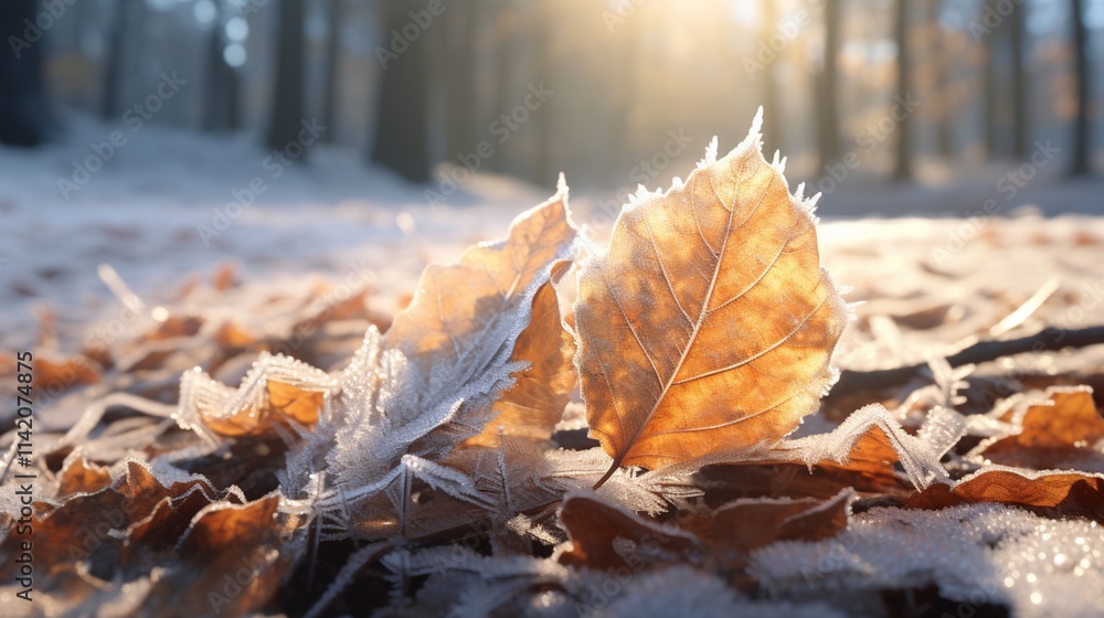 Frozen autumn leaves in sunlight Frozen autumn leaves in sunlight