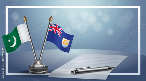 Pakistan and Anguilla National flags on small table with bokeh background, cooperative relationship