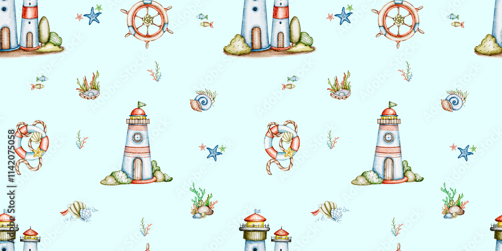 Watercolours seamless patterns Marine flora and fauna ships and crabs Watercolours seamless patterns Marine flora and fauna ships and crabs