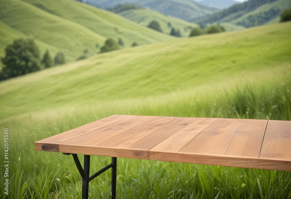 Wooden table or surface in a grassy, natural environment with blurred green hills in the background Wooden table or surface in a grassy, natural environment with blurred green hills in the background