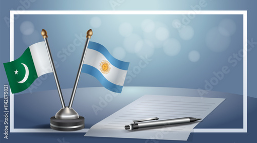 Pakistan and Argentina National flags on small table with bokeh background, cooperative relationship