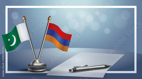 Pakistan and Armenia National flags on small table with bokeh background, cooperative relationship