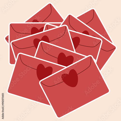 stack of envelopes for valentines day, flat vector illustration, isolated stickers perfect for your holiday background, textile, greeting card, wrapping