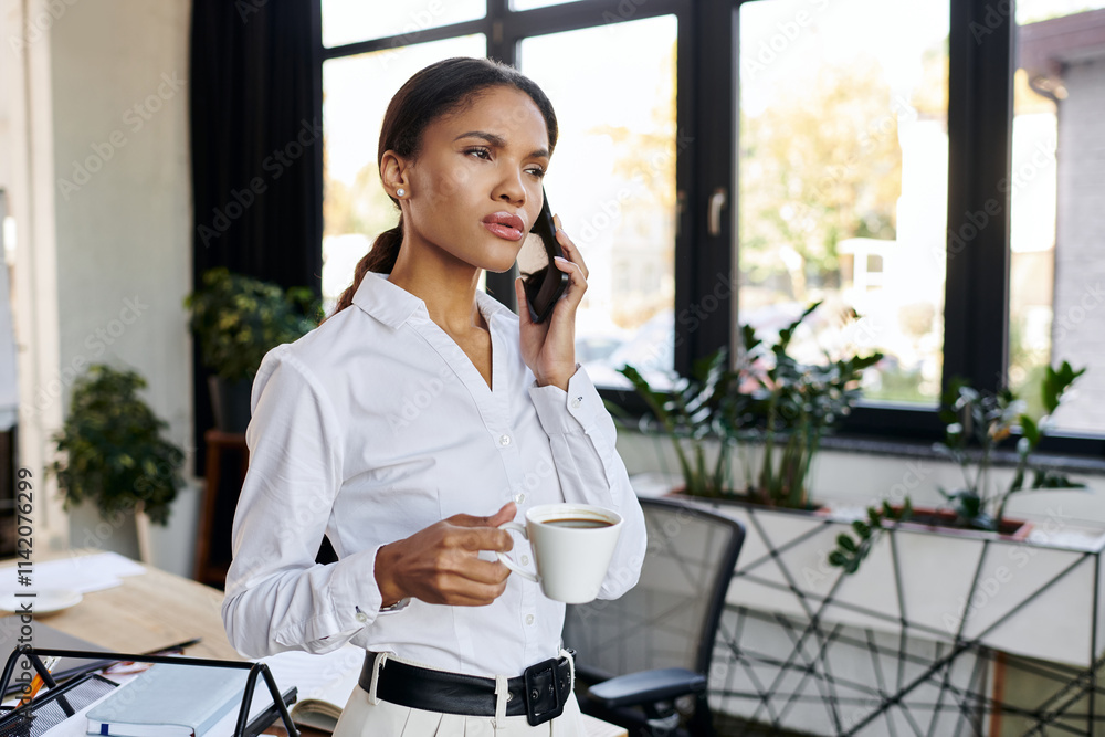 A young African American businesswoman in a white shirt speaks on the phone while holding coffee. A young African American businesswoman in a white shirt speaks on the phone while holding coffee.