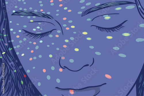 Serene Blue Face with Colorful Dots Illustration