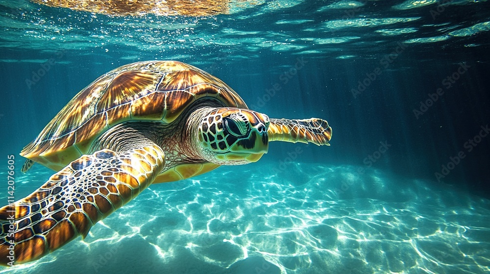 Fototapeta premium Sea turtle swimming gracefully under sunlit water.
