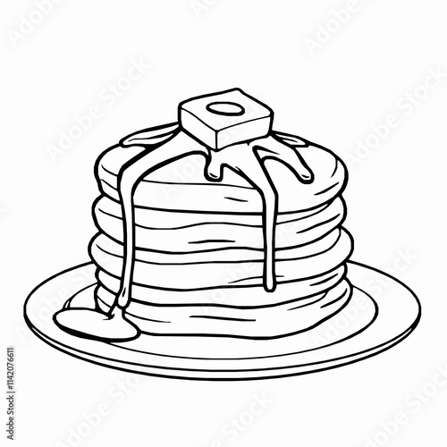 Pancakes Stack Outline Vector Illustration with Syrup and Butter Details