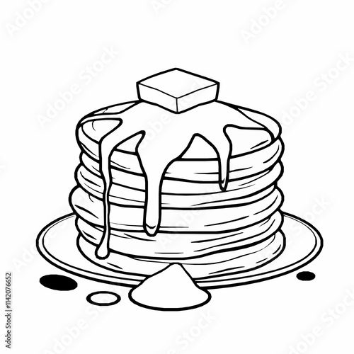 Pancakes Outline Vector Illustration with Syrup Drip and Butter Pat