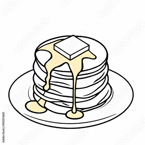 Pancakes Outline Vector Illustration with Syrup Drizzle and Butter on Top