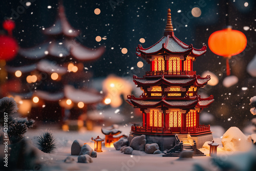 Beautiful red pagoda glowing warmly in the snow during a serene Lunar New Year evening, surrounded by festive lanterns and softly falling snowflakes