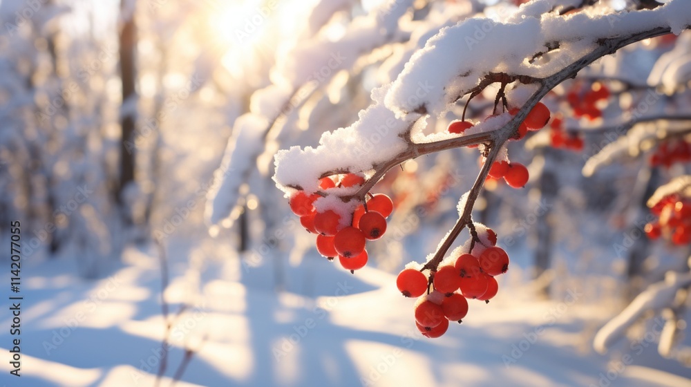 Snow covered branch with red berries in winter sunlight Snow covered branch with red berries in winter sunlight