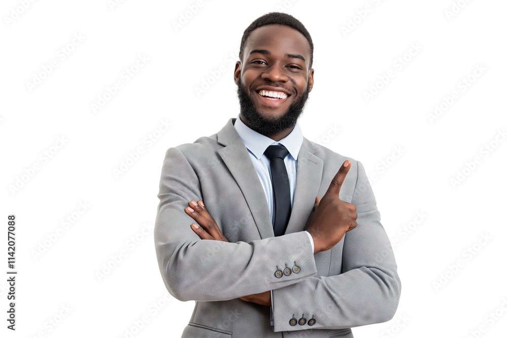 Confident African American Businessman with a Beard Smiling and Pointing Up Against a White Background Confident African American Businessman with a Beard Smiling and Pointing Up Against a White Background