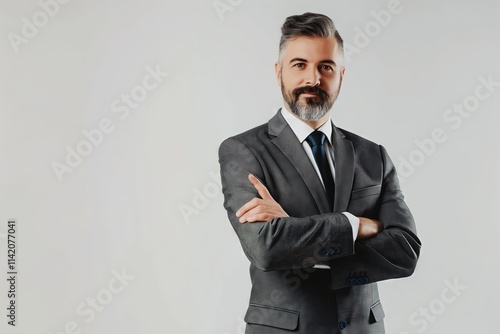 Confident Mature Businessman with a Beard Posing in Formal Attire with Arms Crossed - Space for Text