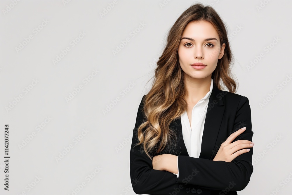 Charismatic Professional Woman in a Business Suit with Arms Crossed Against a White Background Charismatic Professional Woman in a Business Suit with Arms Crossed Against a White Background