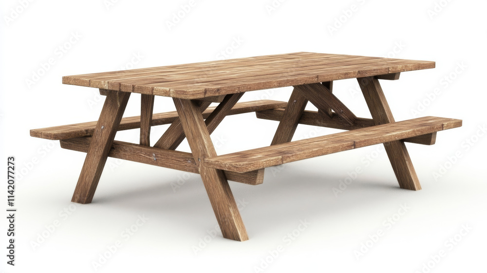 Wooden picnic table with long benches 3d realistic vector. Camping, garden or park wood furniture with seat for barbecue, front and side view isolated on white background, Wooden picnic table with long benches 3d realistic vector. Camping, garden or park wood furniture with seat for barbecue, front and side view isolated on white background,