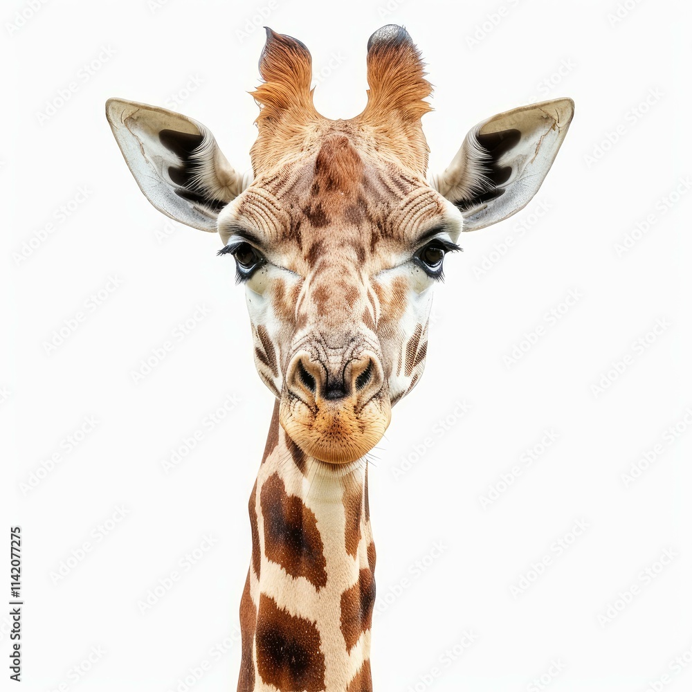 Fototapeta premium Giraffe staring intensely at the viewer with a white background
