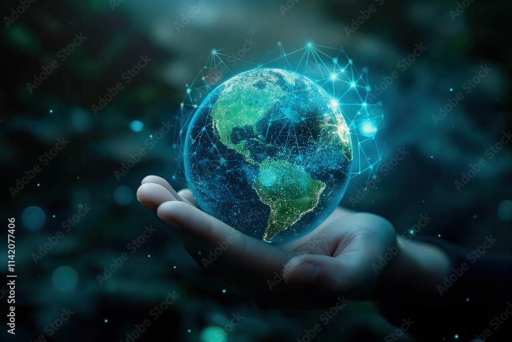 Glowing Digital Earth Sphere Cradled in a Hand Glowing Digital Earth Sphere Cradled in a Hand