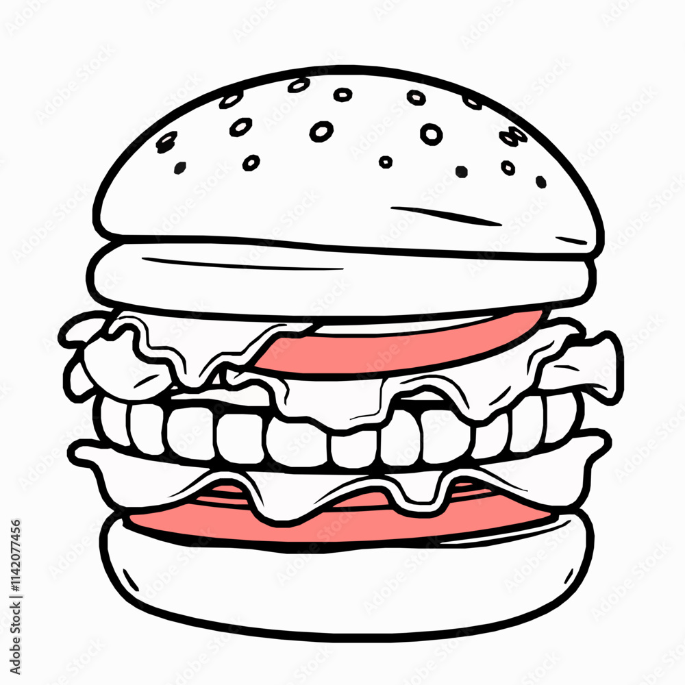 hamburger outline vector illustration with layers of patty, lettuce, tomato, and bun hamburger outline vector illustration with layers of patty, lettuce, tomato, and bun