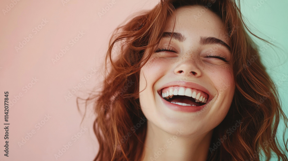 Joyful studio portrait of a laughing woman with vibrant background for marketing and design Joyful studio portrait of a laughing woman with vibrant background for marketing and design
