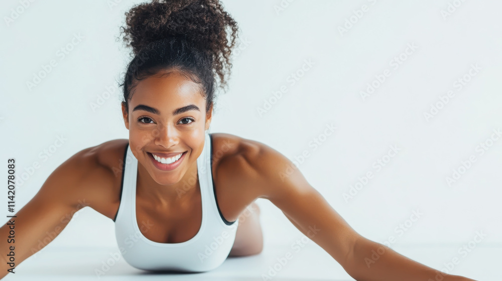 Fitness enthusiast smiling in plank position during workout session Fitness enthusiast smiling in plank position during workout session