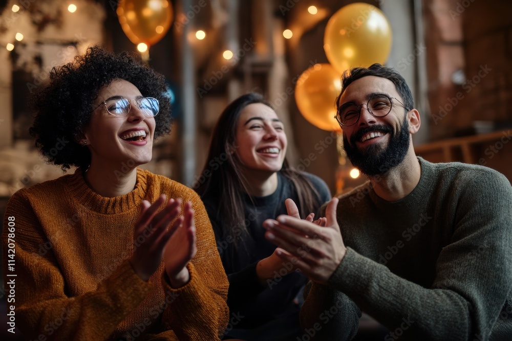Happy Team Celebrating Success in a Brightly Decorated Workspace with Balloons, Featuring Smiles and Clapping in a Joyful Atmosphere of Accomplishment Happy Team Celebrating Success in a Brightly Decorated Workspace with Balloons, Featuring Smiles and Clapping in a Joyful Atmosphere of Accomplishment
