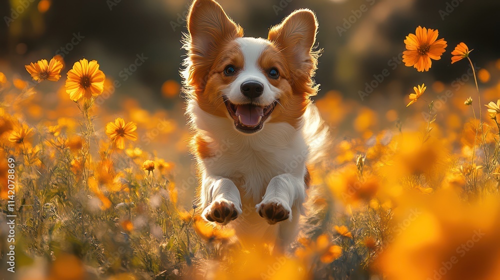 Joyful Dog Running Through a Field of Orange Flowers Joyful Dog Running Through a Field of Orange Flowers
