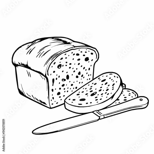 bread loaf outline vector illustration with slices and butter knife