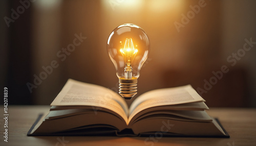 Creative concept, inspirational mood, open book with glowing light bulb above, copy space