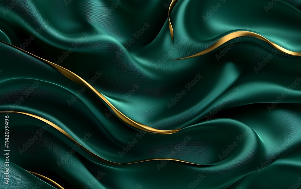 Obraz premium Luxurious emerald green silk fabric with gold accents, flowing waves and elegant drapery.